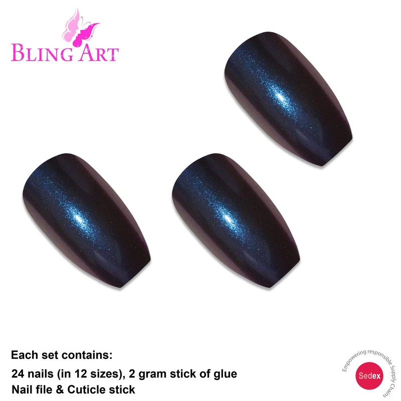Bling Art False Nails Blue Purple Chameleon Ballerina Coffin 24