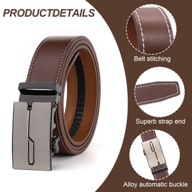 LJCZKA Men’s Genuine Leather Belt,Automatic Buckle Leather Ratchet Belt,Adjustable Trimmable Slide Buckle for Jeans, Suits and Every Occasion (Brown)