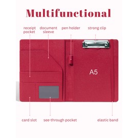 Mymazn Junior Padfolio Portfolio Folder, Small A5 Clipboard with Cover for 5'' x 8'' Writing Pad Notepad Holder Legal Pad Holder for Business School Office Men Women (Red)