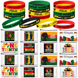 Reallnaive 32 Pcs Juneteenth Makeup Bags and Silicone Bracelets Set Black Freedom Day Rubber Wristbands African American Canvas Cosmetic Bags with Zipper for Juneteenth Party Favors