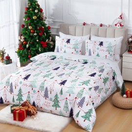 FRAMICS 3 Pieces Christmas Duvet Cover King Christmas Tree Snowflake Duvet Cover Set King Size with 2 Pillow Shams Teal Merry Christmas Comforter Cover with Zipper Closure,90" x 90"