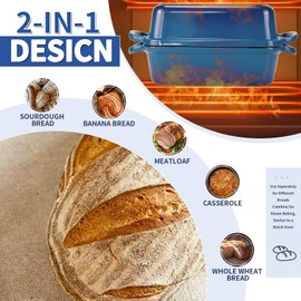 9X5 Inch Enameled Cast Iron Bread Pan with Lid, 2 in 1 Bread Pans for Homemade Bread – Sourdough Loaf Pan for Baking, Heavy-Duty Bread Baking Pan, Bread Loaf Pan with Lid, 2 Piece Set(Blue)