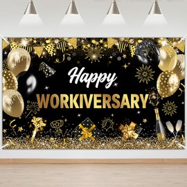 Mocsicka Work Anniversary Decorations Banner Happy Workiversary Backdrop Employee Appreciation Party Decorations Photo Booth Props (Black, 6x3.6ft)