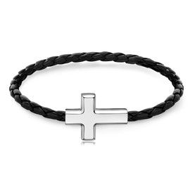 MEALGUET Minimal Cross Leather Bracelet for Men : Christian Faith Black Wristband Bracelets for Men Jewelry Religious Gift for Baptism Christmas Birthday for Boys Young Man, 19cm