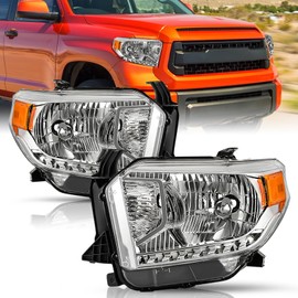 JSBOYAT Headlight Assembly Replacement for 2014 2015 2016 2017 2018 2019 2020 2021 Toyota Tundra Limited/Ltd/SR5/SR/TRD Halogen Headlamps with Level Adjuster Chrome Housing Amber Reflector Pair