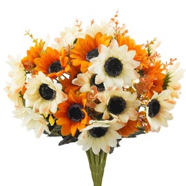 Tepaler Artificial Daisy Flowers 12 Bundles Fall Flowers with 10 Sunflowers Head Autumn Outdoor Fake Flowers for Window Box Garden Porch Centerpieces Wedding Orange