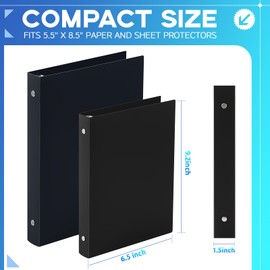 Henoyso 12 Pcs 1 Inch Mini 3 Ring Binder, Fits 5.5" x 8.5" Paper, Three Round Rings Plastic Mini Binders for School, Office Use, Recipe Binder, Photo Album Pages(Black)