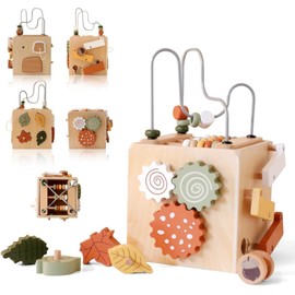 IEATFO 5 in 1 Wooden Activity Cube Play Center Bead Maze Leaves Shape Sorter Learning Montessori Toys for Toddlers 1-3 Early Educational Developmental Learning Toys for Kids