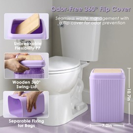 Purple Bathroom Accessories Set 10 Pieces - Trash Can with Bamboo Lid, Toilet Brush, Soap Dispenser, Soap Dish, Tumbler, Tooth Brush Holder, Tissue Holder, Tray, Swab Holder, Modern Bath Organizer