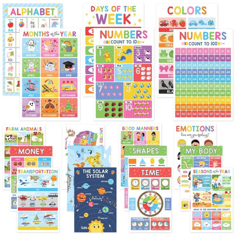 18 Laminated Educational Posters | Fun Learning Charts for Preschool,