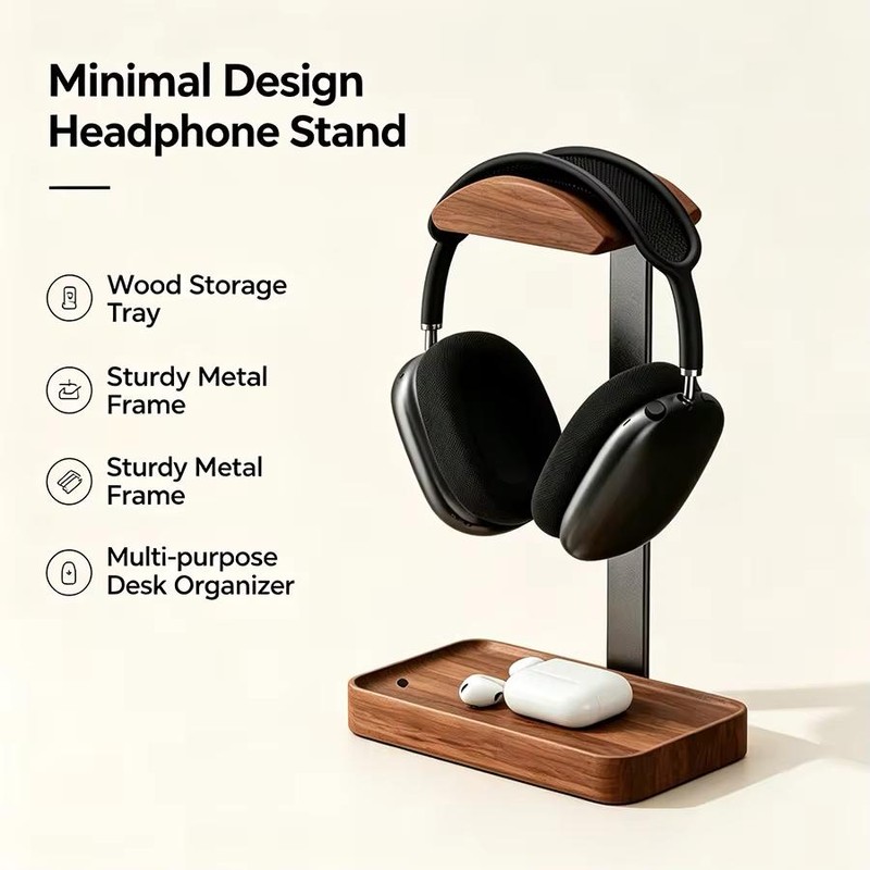 Solid Wood Headphone Stand for Gaming and Office Desks –