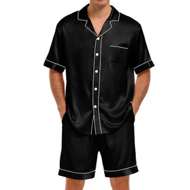 SWOMOG Men Satin Pajama Set 2 Pcs Loungewear Button Down Pjs Set Sleepwear Short-Sleeve Top & Shorts with Pockets Black Small