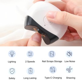 Lancoon Elektrischer Nagellackierer mit Licht Geräuscharmer Nagelschrottspeicher 2 Geschwindigkeiten Sicherheit Wiederaufladbarer Nagelknipser Edelstahlklinge für Babys Senioren Home Office