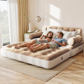 GOOBED 2-in-1 Air Sofa Bed with Headboard & External Pump, Queen Size Convertible Blow Up Couch for Camping, Home Use, and Guest Accommodations, Brown