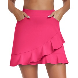 WOWENY Knee Length Skorts Skirts for Women 16"-17" Long Athletic Golf Skort with Pockets Tennis Skorts Skirts with Shorts Rose Red