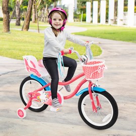 BABY JOY Kids Bike, 16 Inch Children Bicycle w/Basket, Doll Seat, Colorful Streamers, Training Wheels, Adjustable Seat & Handlebar, Girls Bike for 4-7 Years Old