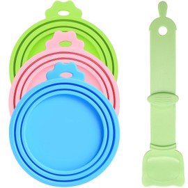 3 Pcs Dog Food Can Covers Lids, 1 Pcs Cat Treats Feeder, Universal Size Pet Food Can Lids, Fit 3 Standard Pet Food Cans, Squeezable Creamy Purée Cat Treat Spoon, Green/Blue/Pink Lids, Green Feeder