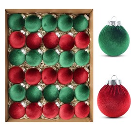 30Pcs Velvet Christmas Balls Christmas Tree Ornaments Velvet Balls Shatterproof Xmas Bulbs Decorations Set Green Red Ornaments Velvet Balls 2.36Inch for Xmas Holiday Party Indoor Decor