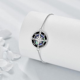 POPLYKE Compass Bracelet for Women Sterling Silver Abalone Shell Bracelet Jewellery Gifts for Girls 7 + 2 Inches, Silver Sterling Silver, Blue Opal