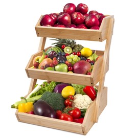 Purbambo 3-Tier Bamboo Fruit Basket for Kitchen Counter, Large Capacity Fruits Storage Rack Vegetables Bowl Stand Holder