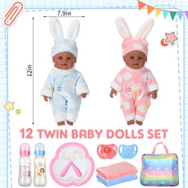 Jerify 10 Pcs Realistic Soft Twin Baby Dolls Toy Set Include 2 Pcs 12 Inch Baby Dolls, Feeding Set, Pacifiers, Doll Diapers, Diaper Bags, Milk Bottles Removable Outfit for Toddler Kids 3+ Gift(Black)