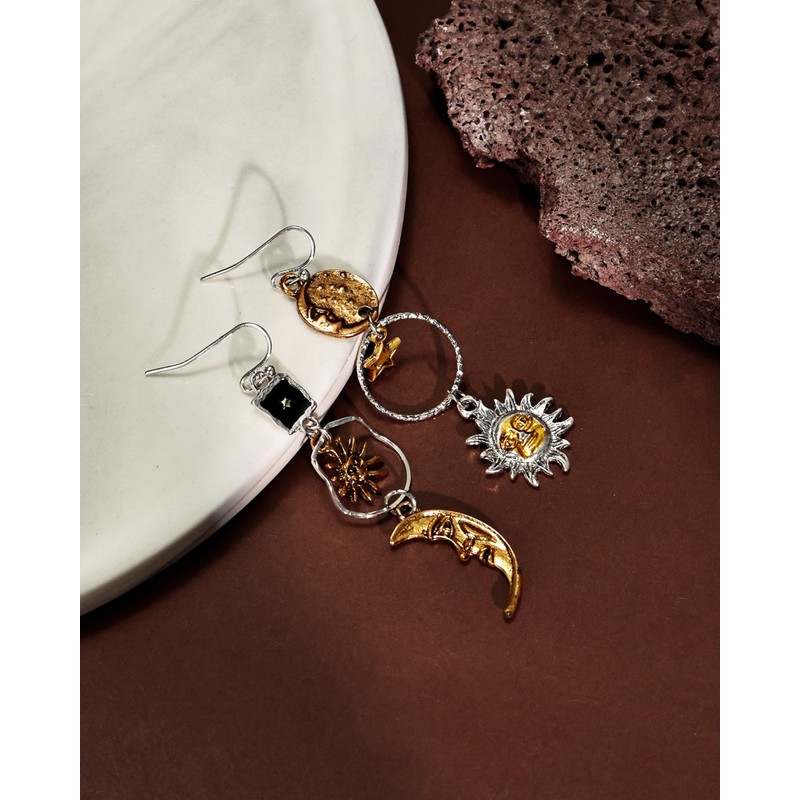 Teppdfann 14K Gold Plated Vintage Sun Moon and Star Asymmetric