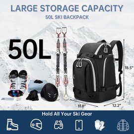 MIGGEEY Ski Boot Bag, 50L Ski Boot Travel Backpack for Ski Helmet, Goggles, Gloves, Skis, Snowboard & Accessories, Waterproof Padded Ski Boot Bag Backpack for Men, Women and Youth