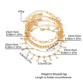 Jascatin 4PCS Beach Summer Tassel Layered Crystal Anklets Love Ankle Bracelet Beaded Beach Foot Jewelry for Women (Gold)