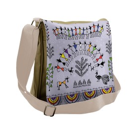 Lunarable Tribal Messenger Bag, Traditional Warli Art Design, Unisex Cross-body