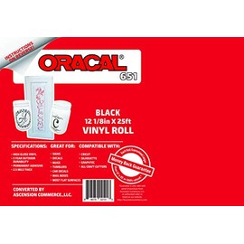 12.125" x 25ft Roll of Oracal 651 Black Craft Vinyl - On a 2.5" Core - Adhesive Vinyl for Cricut, Silhouette, and Cameo Cutters - Gloss Finish - Outdoor and Permanent