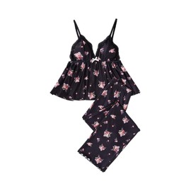 BEAUDRM Women's 2 Piece Pajama Sets Floral V Neck Ruffle Cami Top and Pants Lounge Set Black Large