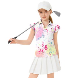Girls Golf Polo - Ruffle Sleeve Golf Polo Shirts V-Neck Tennis T-Shirts Uniform Shirts Quick Dry 4-5 Years A-Multicolor