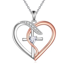 YAFEINI Heart Cross Necklace for Women Sterling Silver Heart Cross Pendant Necklace Crystal Jewellery Gifts for Mum Her Girls (Rose Gold)
