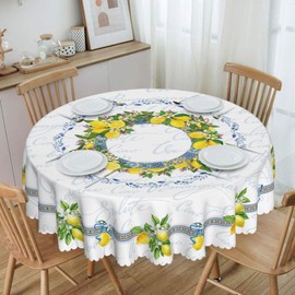 GARSYDAM Lemon Tablecloth, Farmhouse Mediterranean Ceramic Tiles Blue Elegant Floral Water Resisitant Wipeable Table Cover for Dining Kitchen Living Room Home Party Holiday Decor 36 inch Round