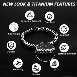 SanThree Solid Pure Titanium Link Bracelets for Men 7mm Welded Square Keel Skin Friendly Shinny Four Side Twist Bracelet Valentines Birthday Boyfriend Grandpa Father Gifts 9.05”