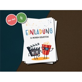 5er-Set Kino Einladungskarten für Kindergeburtstag | Filmreife A6 Partyeinladungen | Popcorn & Filmklappe | Geburtstagsfeier für Kinder, Jungs und Mädchen