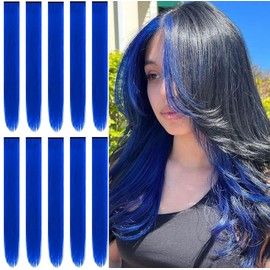 Hair Extensions Clip in,22 Inch Colored Hair Extensions Straight Hairpiece,Multi-colors Party Rainbow Long Straight Colored Long Synthetic Hair Extensions for Women Girls (10 PCS Blue)