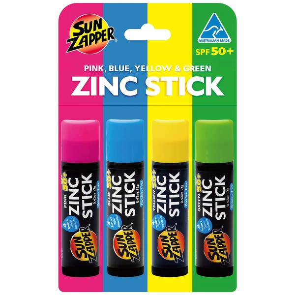 Sun Zapper Sun Block Bâtons de zinc – Pack arc-en-ciel (rose, bleu, vert, jaune) – Crème solaire colorée – Très haute protection solaire SPF50+ UVA/UVB + crème solaire pour enfants et adultes