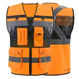 ZUJA 9 Pocket and Zippe High Visibility Vest ANSI/ISEA Standard Reflective Vest Mesh Lining Safety Vest for Men & Women (Orange, S)