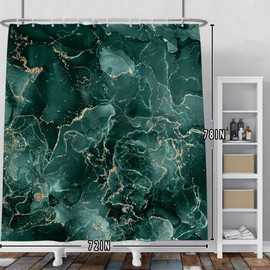 Baocicoo Luxury Gold Green Marble Shower Curtain Set Gold Crack Modern Minimalism Bath Curtain Decorative for Hostel Hotel Bathtub Fabric Waterproof Curtain for Bathroom with Hooks 72x78 Inches