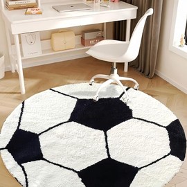 Football Rug,80 cm Round Rug,Football Room Decor for Boys,3D Look,Shaggy Pile Carpet. Machine Washable.TPR Latex Non-Slip Sole.Tootball Room Decor.Sports Rug