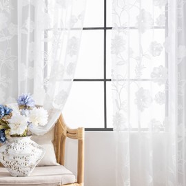 Semi-Sheer White Lace Curtains for Bedroom 90 inch Long Country Chic Rose Floral Embroidered Sheer Curtain Panels for Living-Room Leaf Window Drapes with Scalloped Edge 52"w 1 Pair Pencil Pleat