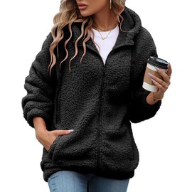 Vipwest Womens Plus Size Jackets Fall Over Sized Furry Fleece Jacket Longsleeve Comfy Shearling Coat with Pockets (Black, 3X-Large)