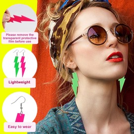 Charm Buddy 1980s 80s Neon Lightning Bolt Flash Acrylic Dangle Earrings 80's Earrings for Women 1980's Theme Party Costume (Orange)
