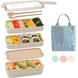 U Chef Lonchera tipo bento con 3 espacios de silicona para comida y almuerzo | Set de contenedores para almuerzo ecológico para niños o adultos con diseño elegante y compacto incluye bolsa portátil (3 piezas) (Beige)