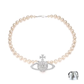 Silver Saturn Orb Pearl Necklace White Pearl Choker Necklace for Women Rhinestone Pearl Planet Necklace Gifts for Girlfriend Wife Sister Valentine's Day Birthday Anniversary