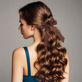 Silky Satin Hair Bows Tie Accessories Set, Long Tail Big Bowknot Bows Hair for Girls Ribbons Hair Bow for Women, Khaki 6pcs