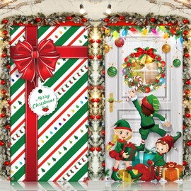 WovWeave 2 Pcs Christmas Door Cover Merry Christmas Front Door Hanging Banner 71 x 35 Inch Xmas Gifts Box and Elves Delivering Gifts Backdrop Door Cover for Holiday Indoor Outside Party Supplies