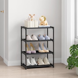 Autonomier 4 Tier Small Shoe Rack, Narrow Stackable Kids Toddler Adult Shoe Storage Organizer Shelf for Closet Floor Entryway Bedroom, Space Saver Shoe Rack Organization Shelves