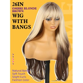 KOME Ombre Blonde Brown Wigs with Bangs,Blonde Layered Wig for Women,Long Wavy Wigs Synthetic Hair Wig for Party Daily Use 26IN